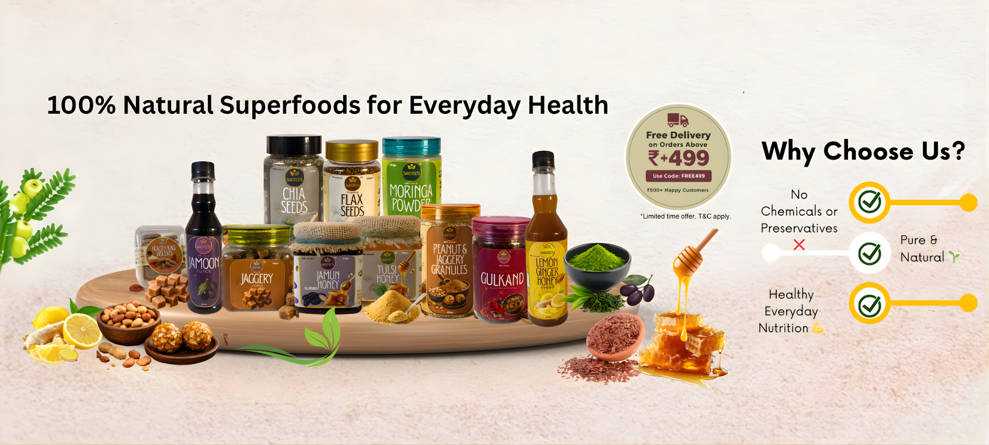 Swasthsetu premium natural superfoods banner featuring Raw Forest Honey, Organic Moringa Powder, Chia Seeds, and Ayurvedic Gulkand for healthy everyday nutrition.