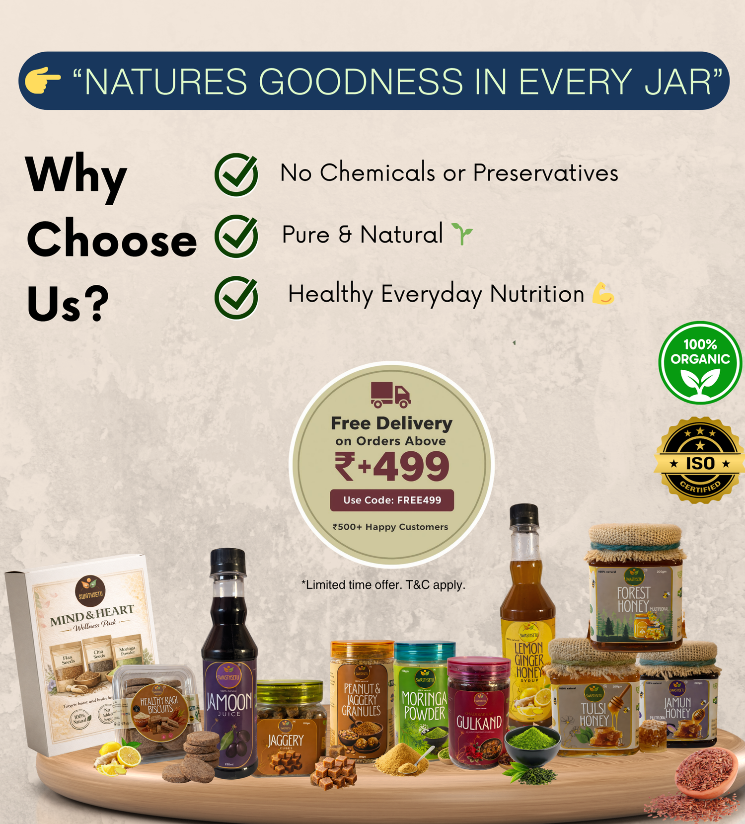 Swasthsetu natural superfoods collection featuring Organic Moringa Powder, Traditional Gulkand, Jamun Honey, and healthy seeds for daily wellness.