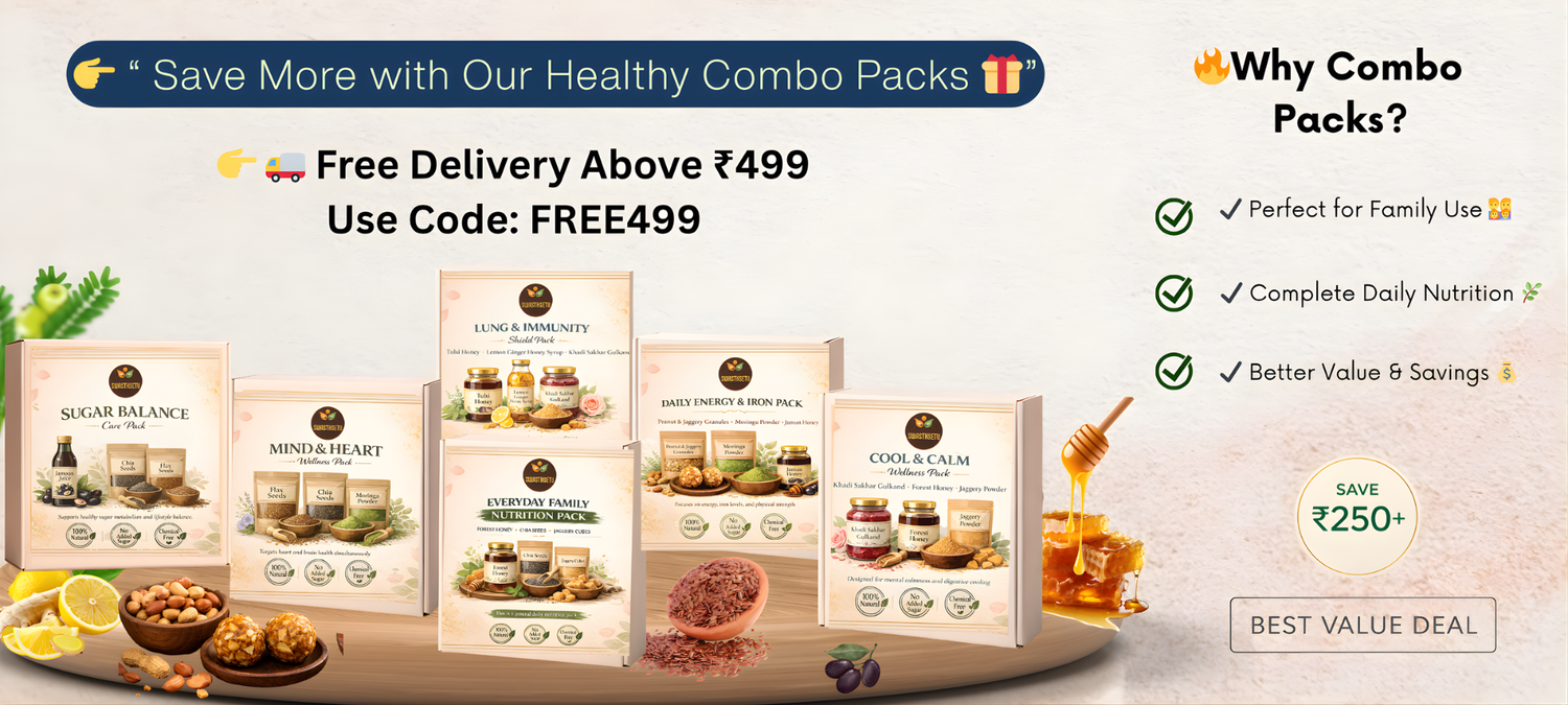 Swasthsetu Healthy Combo Packs banner featuring Ayurvedic wellness bundles for immunity, heart health, and daily nutrition. Includes a 'Save ₹250+' discount offer and free shipping code FREE499.
