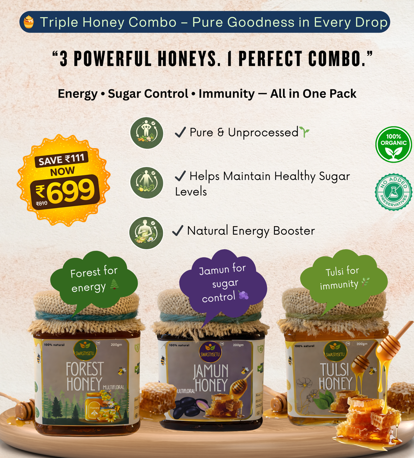 3-in-1 Premium Honey Combo – Forest + Jamun + Tulsi | Immunity & Wellness Pack